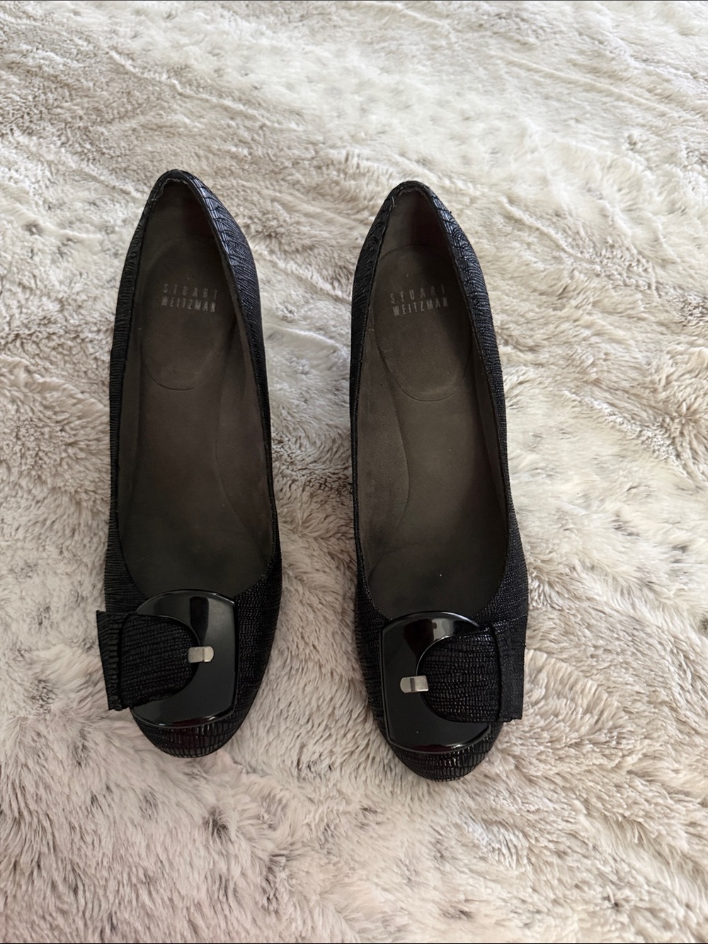 Stuart Weitzman Black Textured Buckle Flats
